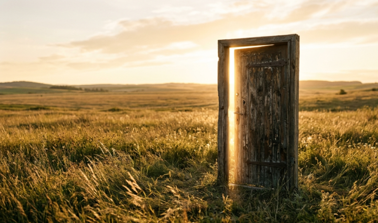 Image of a weathered wooden door standing alone in an open field, slightly ajar