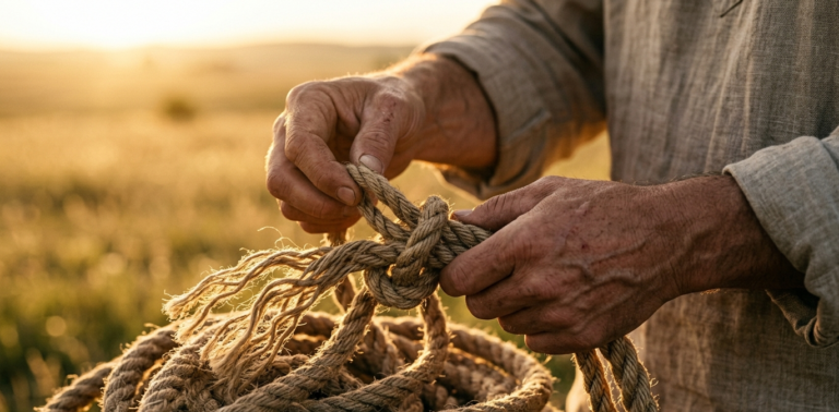 Close-up of a man's hands untying a tangled knot in a thick rope.